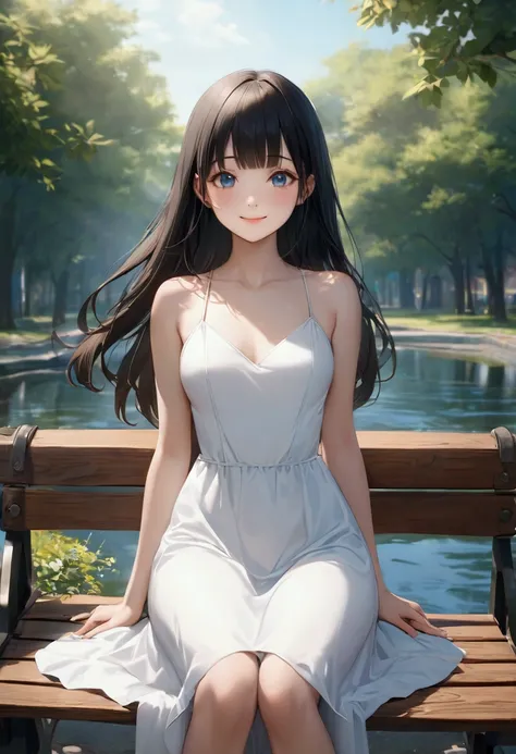 A woman sitting on a lakeside bench 、 beauty、 well-prepared face、Unified Eyes、20 years old、university student、((( wearing a long white dress )))、 is wearing white panties、 Pumps in an Urban Park 、smile、Hands in front、 Balanced Ratio 、perfect blue sky 、Medi...