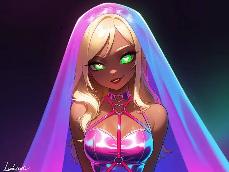  OC, female, semi realism, dark tanned skin, red lips, blonde eyebrows, perfect face, long wavy light Ashe blonde hair with bang,  half-closed Green eyes, evil smile, neon glamorous cyber, sweet aesthetic, harness and lace neon dress, mystic luminescent, s...