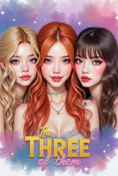  An artsy aesthetic Korean drawing of 3 female pop artists, the first , has wavy long strawberry blond hair, and fairy-like makeup, the second is on the left side she is a female pop artist with styled and dyed blond hair, makeup, smiling,she has a small r...