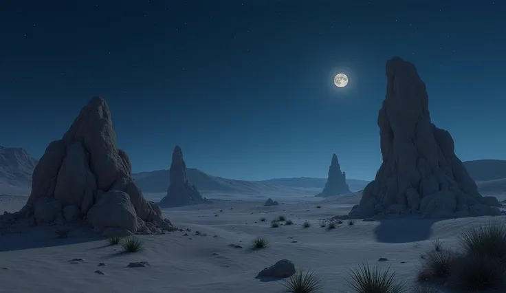 At night, there are about rocks in the desert 