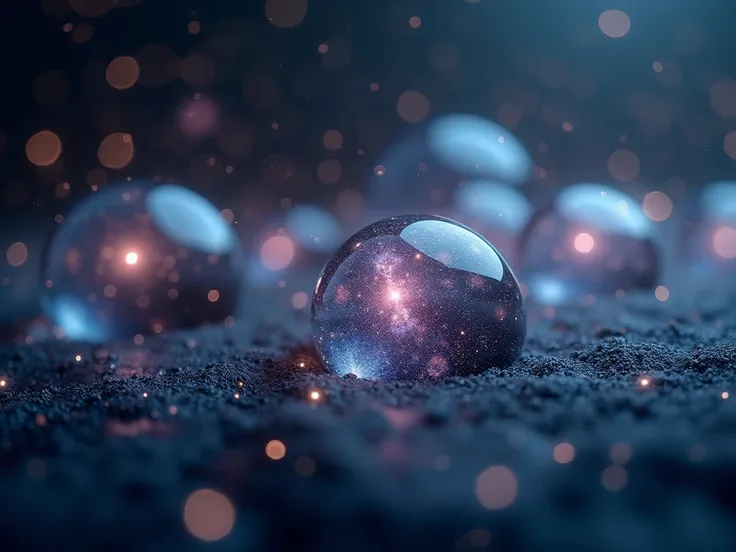 ( A representation of the concept ). Several transparent bubbles like glass floating in the vastness of the universe. Transparent bubbles filled with galaxies of multiverse. A constant universe of multiverse . 4K, realistic. Depth of Field ,  blurry circle...