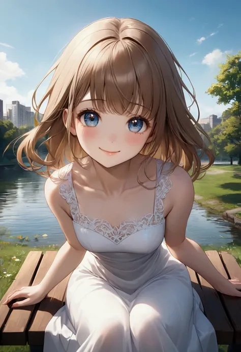 A woman sitting on a lakeside bench 、 beauty、 well-prepared face、Unified Eyes、20 years old、university student、((( wearing a long white dress )))、 is wearing white panties、 Pumps in an Urban Park 、smile、Hands in front、 Balanced Ratio 、perfect blue sky 、Medi...