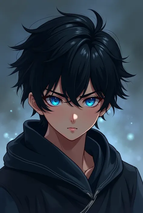 I would like to create a new and handsome warrior boy ,  and he had big black smooth and voluminous hair and blue eyes shaped like a more realistic anime