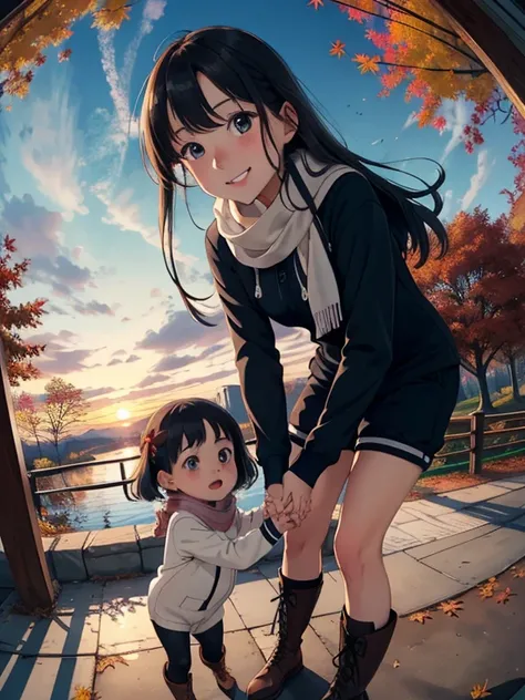 masterpiece， top quality，   high image quality，( super flat ， flat shading  )， beautiful dark hair  ，   fisheye lens， Cute petite and well-trained young mother and her cute little training daughter:1.25， warm scarf ， Long Sleeve Sailor Suit ，(naked)， long ...