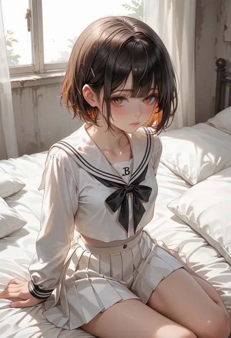  white sailor suit,  Long Sleeve ,  white short pleated skirt,  big black ribbon on chest ,  Abandoned Bedroom, Dark orange very short hair, Short girl, small breasts, 