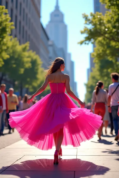 One in a shok  ,  pink dress on a sidewalk on the avenue parading 