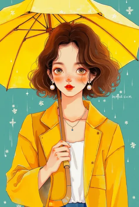 solid color background, japan retro art style, pop oil color, duotones, hand-drawn, a short wavy-haired woman, her face lit with a serene smile, holding a yellow umbrella, raindrops glistening around her