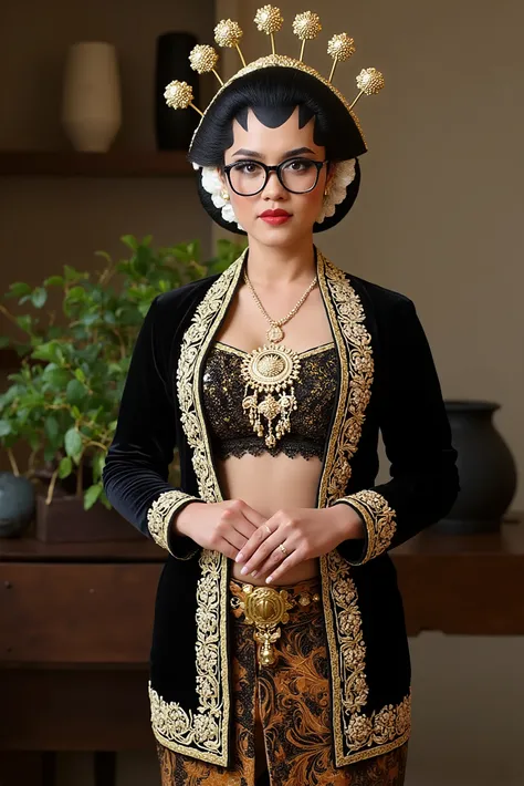 sexy javanese with absolute cleavage, open shirt and thigh slit wearing glasses showing navel