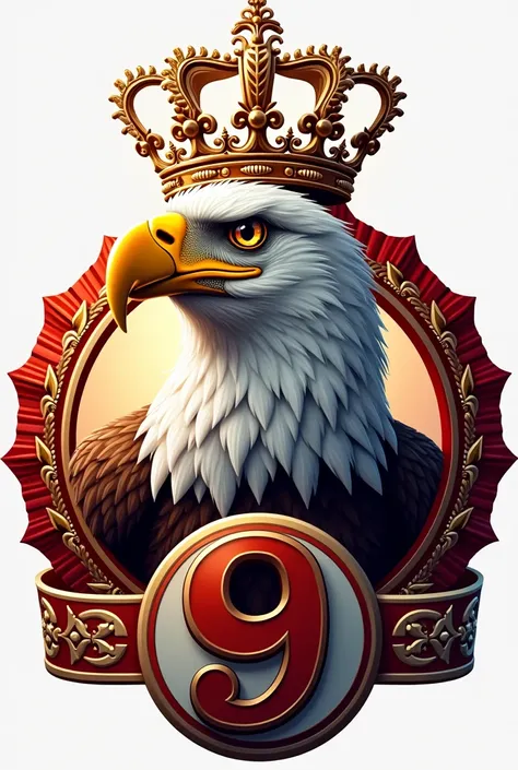 Eagle logo, the head part of the eagle facing the crown with the red and white band of the neck circled in a circle of the symbol of the number nine