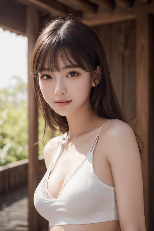 pure 20 year old girl 、(( white tank top,  Dramatic Poses)),smile,Shortcut,Natural Parks、 RAW photos , (8k、 top quality 、​masterpiece:1.2)、( intricate detail:1.4)、( photorealistic:1.4)、 Octane Rendering 、 intricate 3d rendering super detailed,  portrait ph...