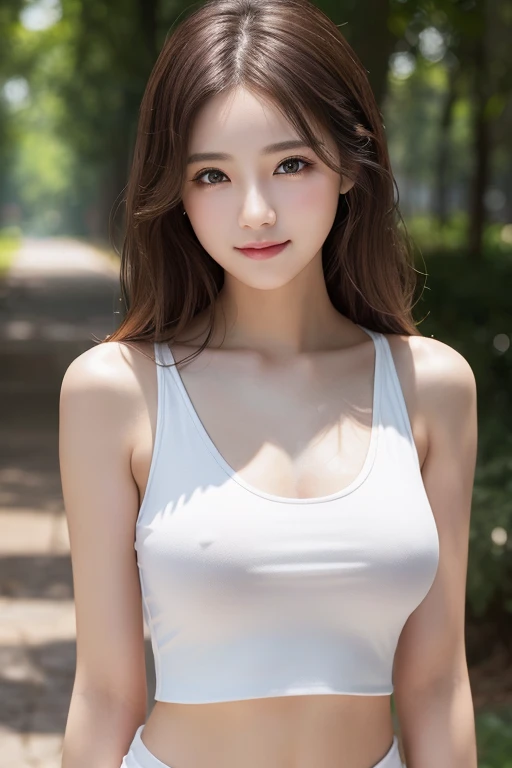 pure 20 year old girl 、(( white tank top,  Dramatic Poses)),smile,Shortcut,Natural Parks、 RAW photos , (8k、 top quality 、​masterpiece:1.2)、( intricate detail:1.4)、( photorealistic:1.4)、 Octane Rendering 、 intricate 3d rendering super detailed,  portrait ph...