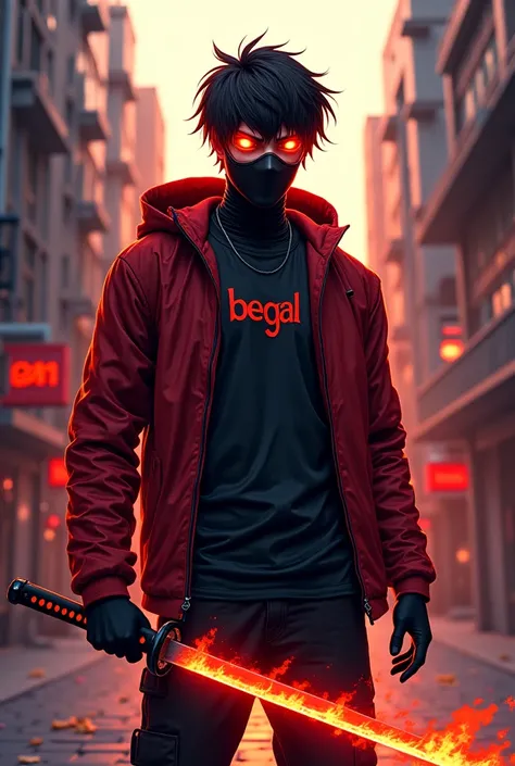  Anime man wearing open jacket holding katana style , There is writing on the clothes "begal" flaming black ,  Wear a cool mask,  atmosphere in the middle of the street left right side of the building full aura effect,