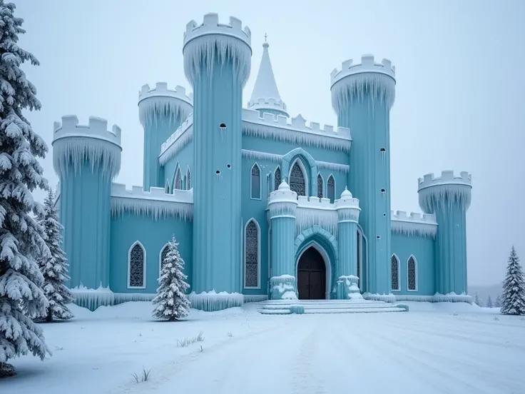 Big beautiful castle, made from ice. Its snowing outside. There are no houses or any buildings around, only the castle. There arent any lights on inside. There is no path to the castle. Only a big castle and snow.  The castle looks beautiful but has a dram...