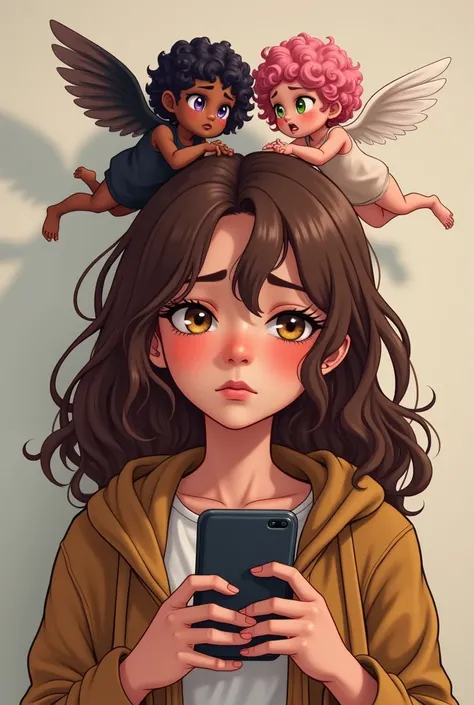  A teenage girl , with brown hair that reaches more than his shoulders , Hanzel eyes ,  while playing with her cell phone ,  with an irritated look .  Above her two little magical beings ,  one was Cupid ,  with curly pink hair ,  golden eyes ,  very livel...