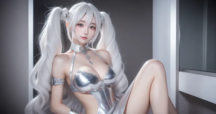  beautiful woman with perfect figure ：1.4， layered hairstyle ， outstanding creevage with perfect beauty，silver 2D costume ：1.5，high definition face and skin texture， double eyelids，Whitening the skin， Long white hair 、Japanese Face、 twin tails、1girl, thigh...