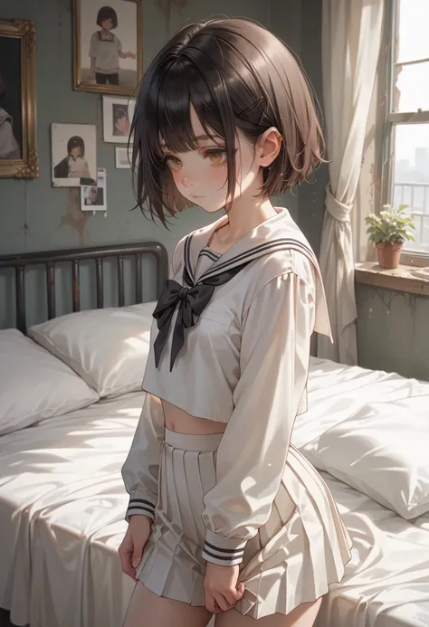  white sailor suit,  Long Sleeve ,  white short pleated skirt,  big black ribbon on chest ,  Abandoned Bedroom, Dark orange shaggy cut, Short girl, small breasts, slende 