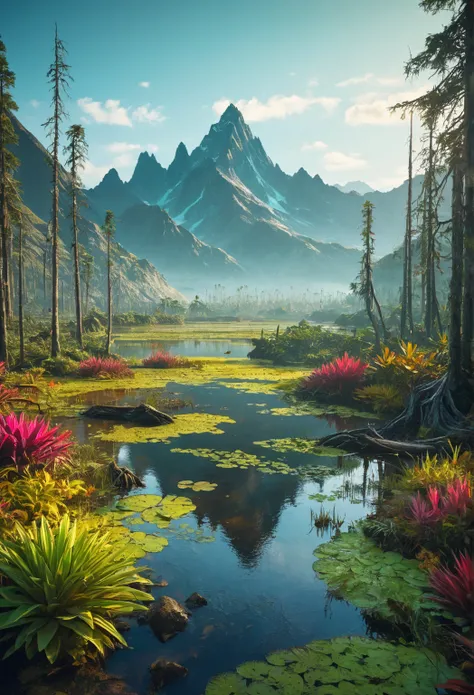 (majestic mountain and swamp landscape), cinematic lighting, (multicolor atmosphere), otherworldly, (intricate details), exotic plants, (analog photography, highest quality, RAW, hyperrealism, trending on ArtStation, trending on CGSociety), vibrant, satura...