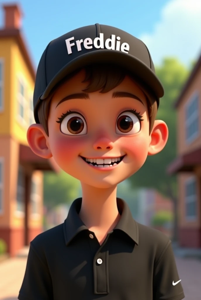 14-year-old male boy :  has a black cap that says Freddie , polera negra,  brown eyes,  happy face but is in animation, 