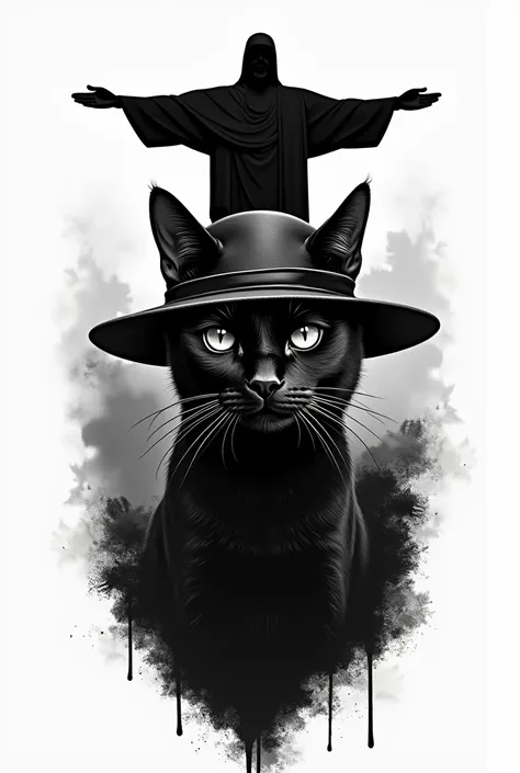  Create tattoo with the image of a black cat, With a cangaceiro hat in Christ the Redeemer 