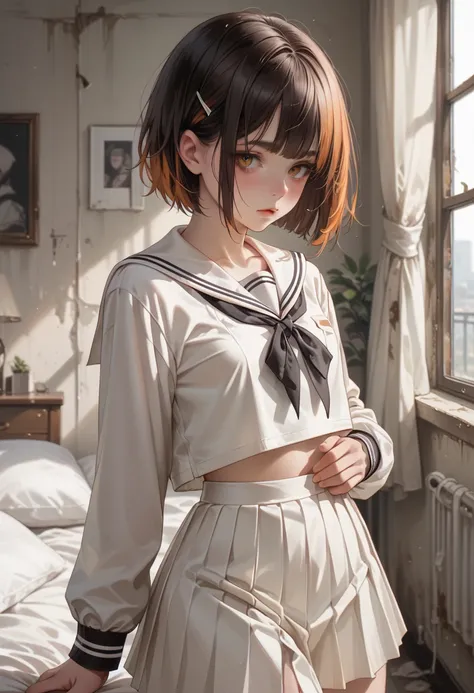  white sailor suit,  Long Sleeve ,  white short pleated skirt,  big black ribbon on chest ,  Abandoned Bedroom, Orange shaggy cut, Short girl, small breasts, slende 