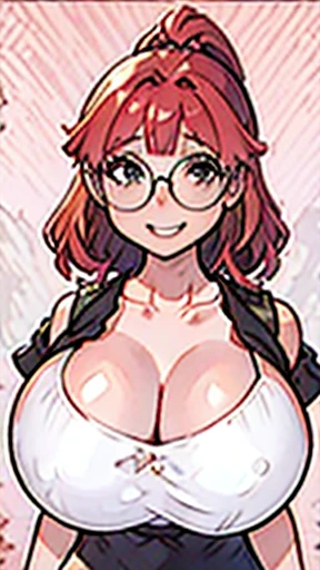  human Eliza Thornberry, full body, (gigantic breasts: 1.1) , brown eyes, round glasses, standing upright, red hair, twin braided pig tails and pink hair bow, teeth braces, smiling, casual, Bold colours and patterns, Eye-catching accessories, Fashionable a...