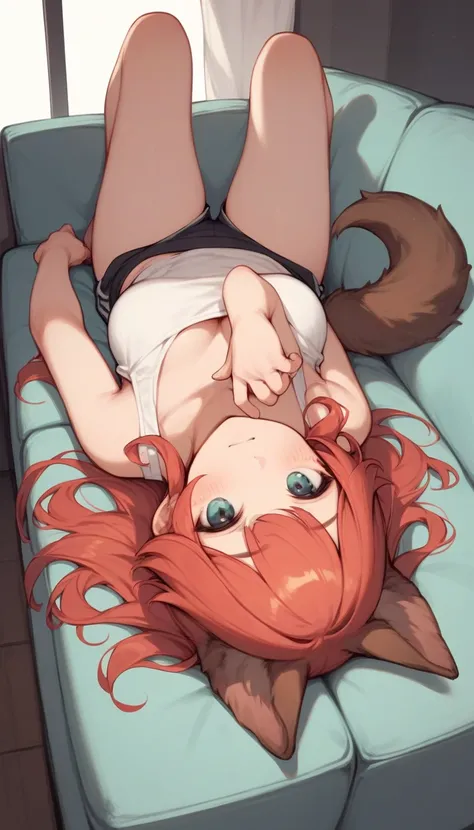  A girl (small and cute) with red hair  ,  wearing dog ears and tail, Lying on the couch watching TV .