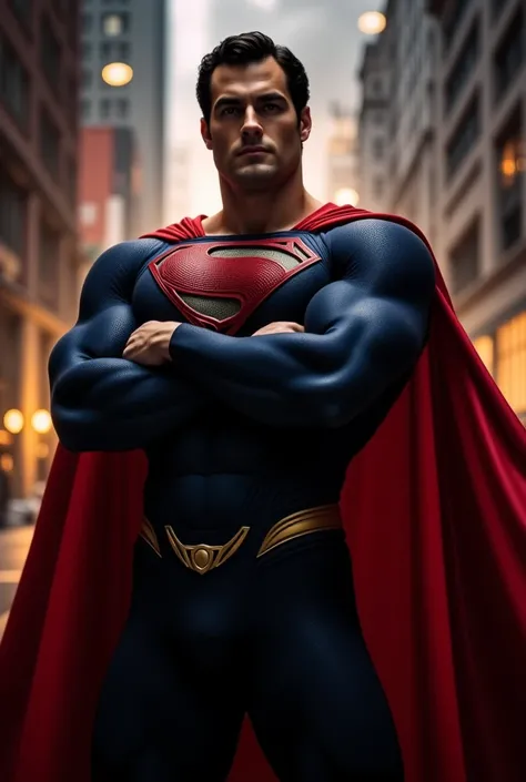 hamanv1, muscular physique, dressed as Superman, heroic backlit pose, flowing red cape, arms crossed, cinematic lighting, dramatic shadows, powerful, confident expression, vibrant colors, high detail, photorealistic, 8k, best quality