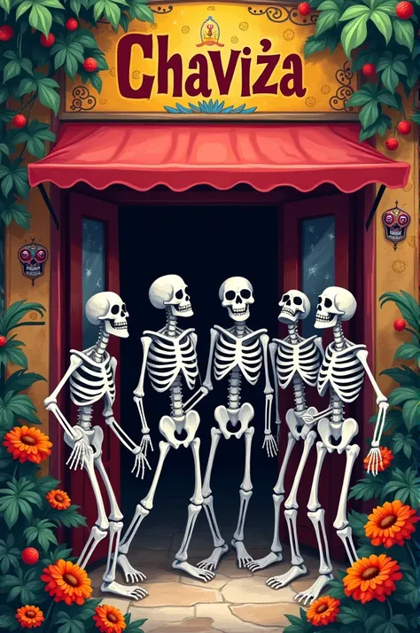 Chaviza name of a Mexican restaurant with a design of several skeleton friends 