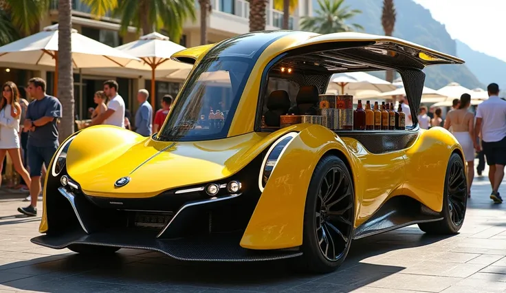  futuristic gourmet street cart to sell products, drinks, drinks e comida, Luxury food Primium Carbon fluor yellow , super charge, muscle car, Neon headlight, open sides and roofless ,  modern design more realistic and with technological and beautiful shap...