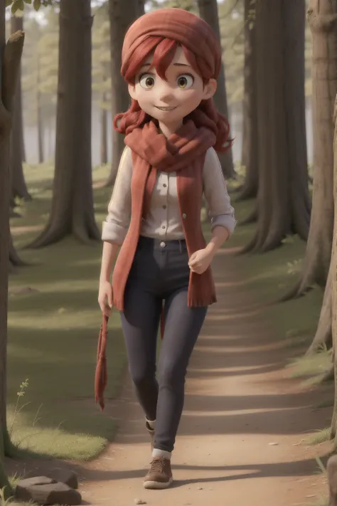 A girl wearing a red headscarf is walking in the woods
