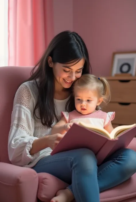 female adolescent woman long black hair intense blue eyes white shirt long sleeve crochet shirt and blue jean pants sitting on an armchair with a two-year-old baby girl sitting on her legs blonde long hair deep blue eyes pink and white dress reading a stor...