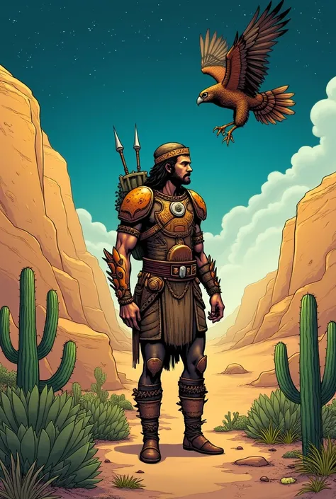 A comic book panel depicting a man with a rustic wooden armor in his forearms and legs, and a beetle exoskeleton in his head and shoulders. He is in a cacti flowered oasis between large dunes in a desert. The man speaks with a falcon. The falcon tells him ...