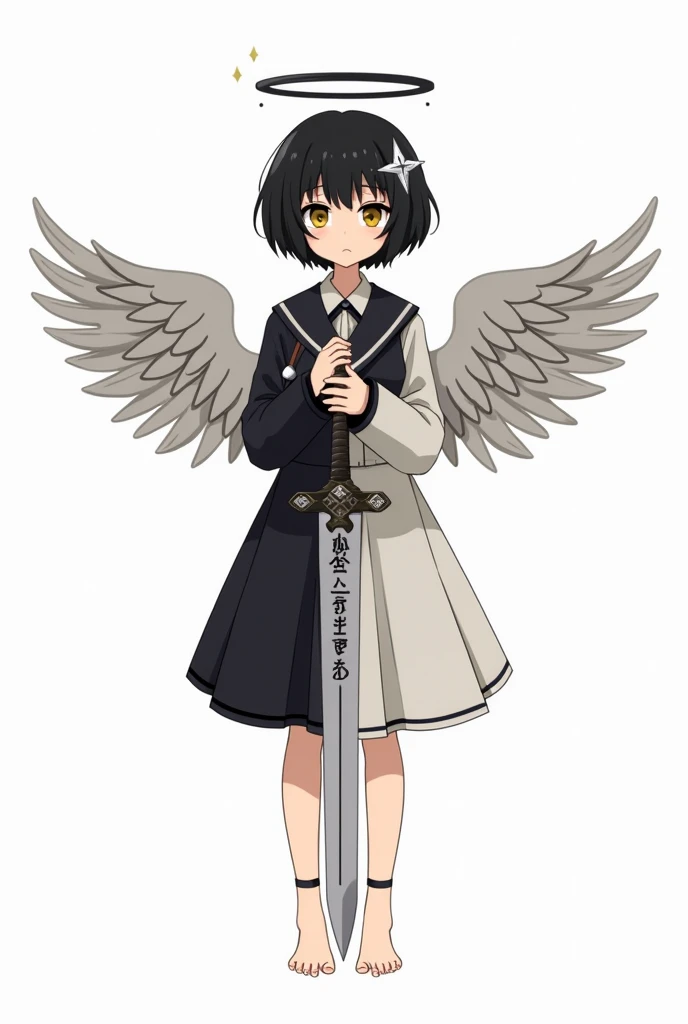 1 girl, Alone, Angel Wings, Dark Halo, short black hair, silver cross hairpin, holding a sacred sword, sword has runes in it, black and white clothes, expressionless, souless eyes, bare foot, PNG white background, Anime style, Full body view, Full body, fl...