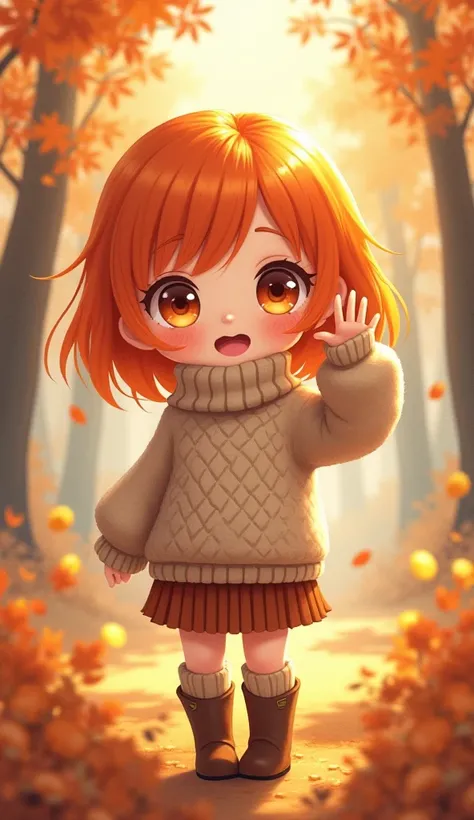 masterpiece,best quality,1girl,solo,cute,wide-eyed,chibi,,orange hair,waving right hand
(Cozy_knit_sweater:1.5),(Corduroy_skirt:1.4),(Knee-high_boots:1.3),(Autumn_forest_background:1.4),