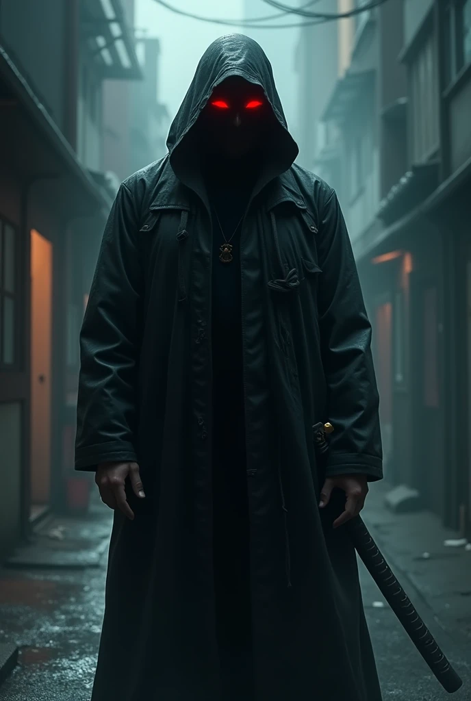 Man, dressed in black raincoat with hood, red eyes, with katana on hip, at night, with face mask