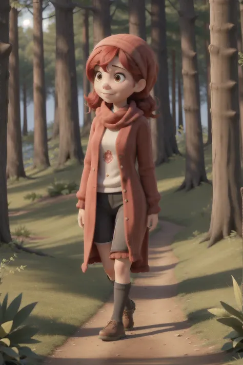 A girl wearing a red headscarf is walking in the woods
