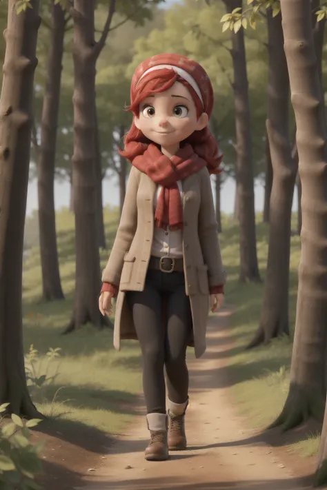 A girl wearing a red headscarf is walking in the woods
