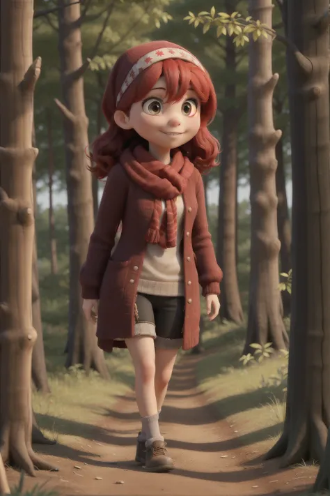 A girl wearing a red headscarf is walking in the woods
