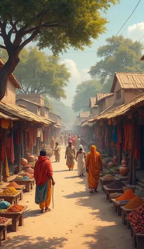 "A bustling marketplace scene from ancient India, with small, traditional shops made of wood and clay lining a dirt pathway. Merchants are displaying their goods, such as spices, fabrics, pottery, and jewelry, on wooden carts and low tables. People dressed...