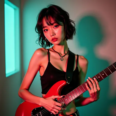 A beautiful young Asian woman with short hair, wearing a rock outfit, holding an electric guitar, slim figure, realistic photo