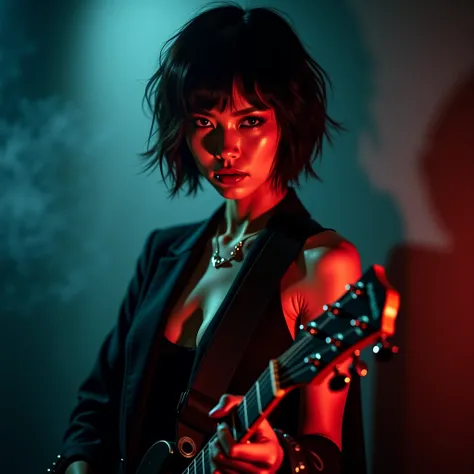 a short-haired asian rocker woman, photo, realistic, guitar, small breasts, slim, rock music, high quality, detailed, 8k, realistic, photorealistic, vivid colors, dramatic lighting, dramatic pose, gritty, edgy, cinematic, moody, atmospheric, dynamic, power...