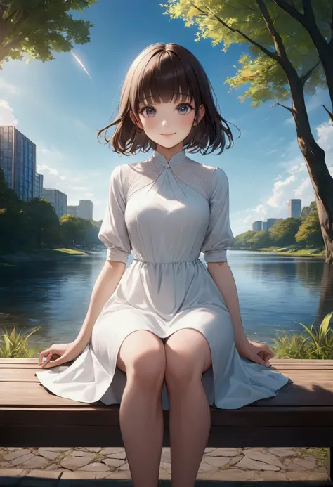 A woman sitting on a lakeside bench 、 beauty、 well-prepared face、Unified Eyes、20 years old、university student、(((Im wearing a knee-length white dress)))、 is wearing white panties、 Pumps in an Urban Park 、smile、Hands in front、 Balanced Ratio 、perfect blue s...