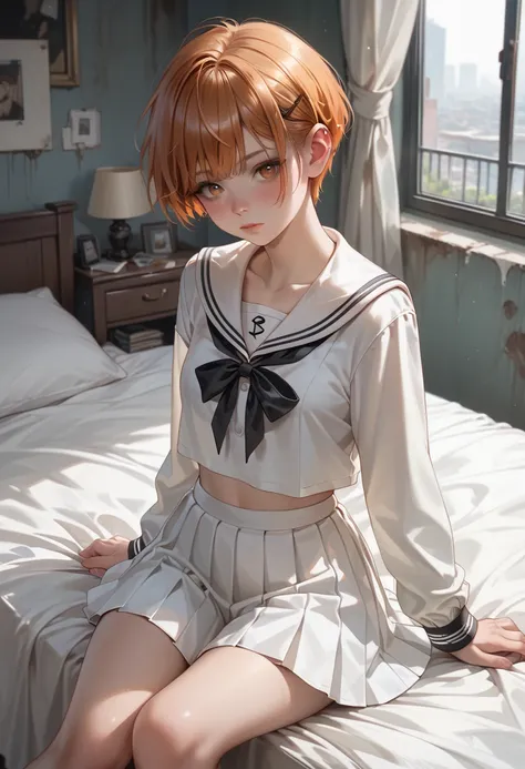  white sailor suit,  Long Sleeve ,  white short pleated skirt,  big black ribbon on chest ,  Abandoned Bedroom, Orange pixie cut, Short girl, small breasts, slende 