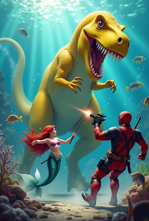 Little Mermaid fighting a yellow dinosaur with Deadpool 