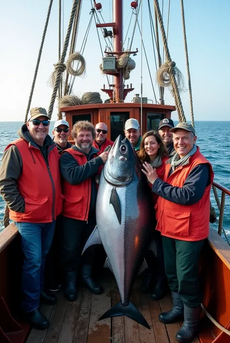  A group of smiling fishermen have just caught a rare, giant monster with dark features.,   gathered on a fishing boat in the middle of the ocean  ,   posing for a photo  .   everyone is in front of the camera  ,   with expressions of happiness and pride  ...