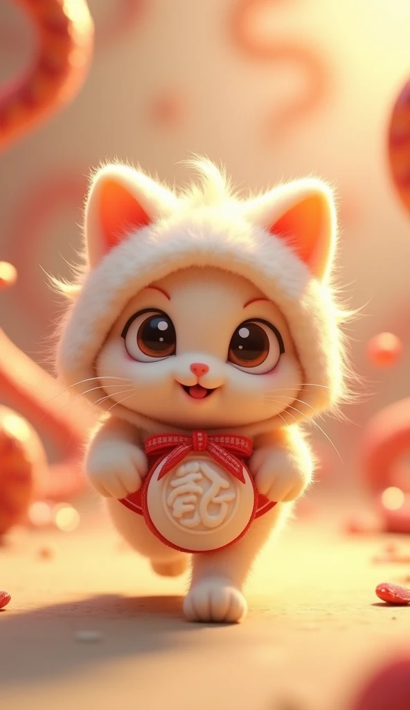 3Dかわいいkittenのキャラクター、   The cat in Kagamimochi costume　 cute cat、kitten　  Running　animated snake background、   Blurry Background, shut up., 