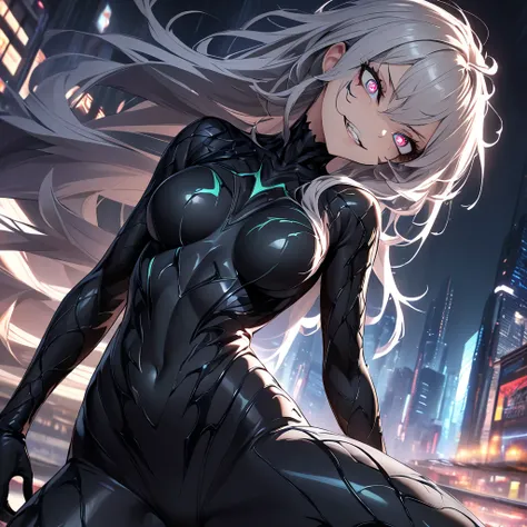 "A highly detailed digital art of a girl wearing a sleek, (black Venom-inspired suit)The suit is textured with glossy, alien-like symbiote entire body like a second skin,(Her face is partially revealed with intense eyes),while the symbiote forms sharp, org...