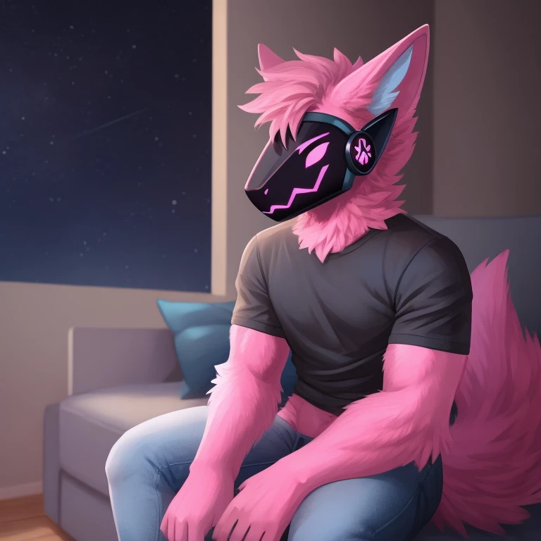 Male, Protogen, Anthromorphobic, age 24, pink fur, grey t shirt, blue jeans, high-quality, 1 person