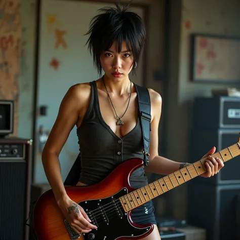 Female rocker with short hair, Oriental, Photo, real, guitarra,  small breasts , thin, rock