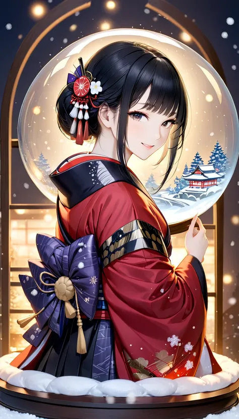 A masterpiece, top quality, highly detailed, detailed 4k artwork, shiny, glittering, white sheen and sparkles, woman, samurai, in red Japanese armor, hime cut, black hair, smiling, a snow globe rests on the mantelpiece. Night. A cozy, warm and inviting sce...